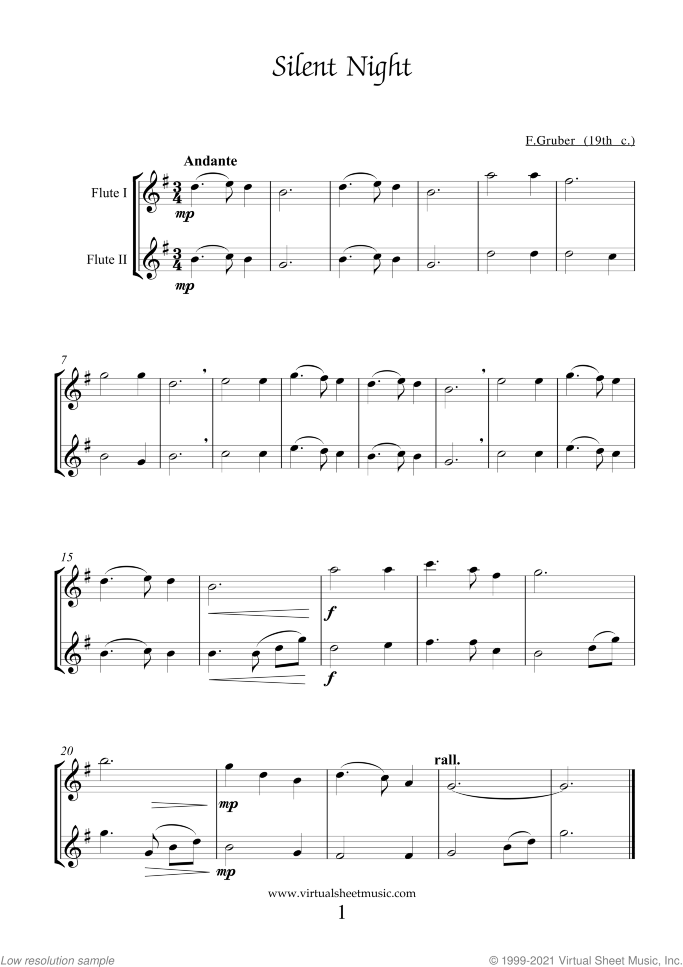 Silent Night sheet music for two flutes by Franz Gruber, easy duet