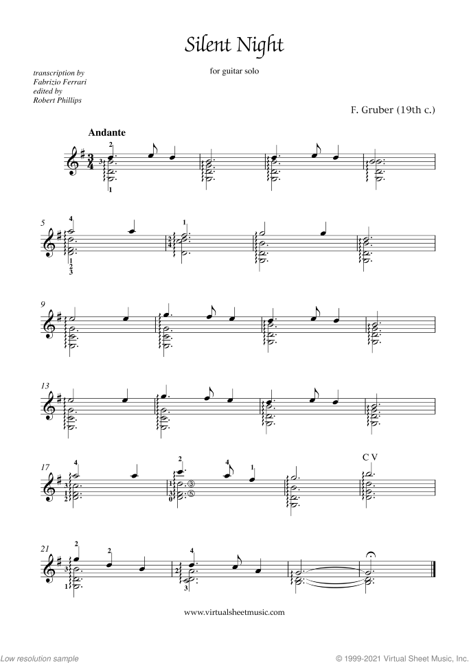 Silent Night sheet music for guitar solo by Franz Gruber, easy skill level