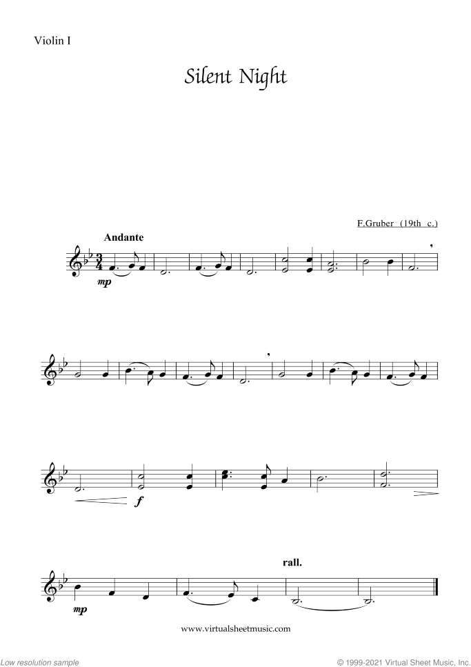 Silent Night sheet music for string quartet by Franz Gruber, easy skill level