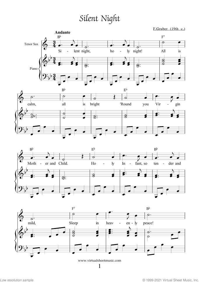 Silent Night sheet music for tenor saxophone and piano by Franz Gruber, easy skill level