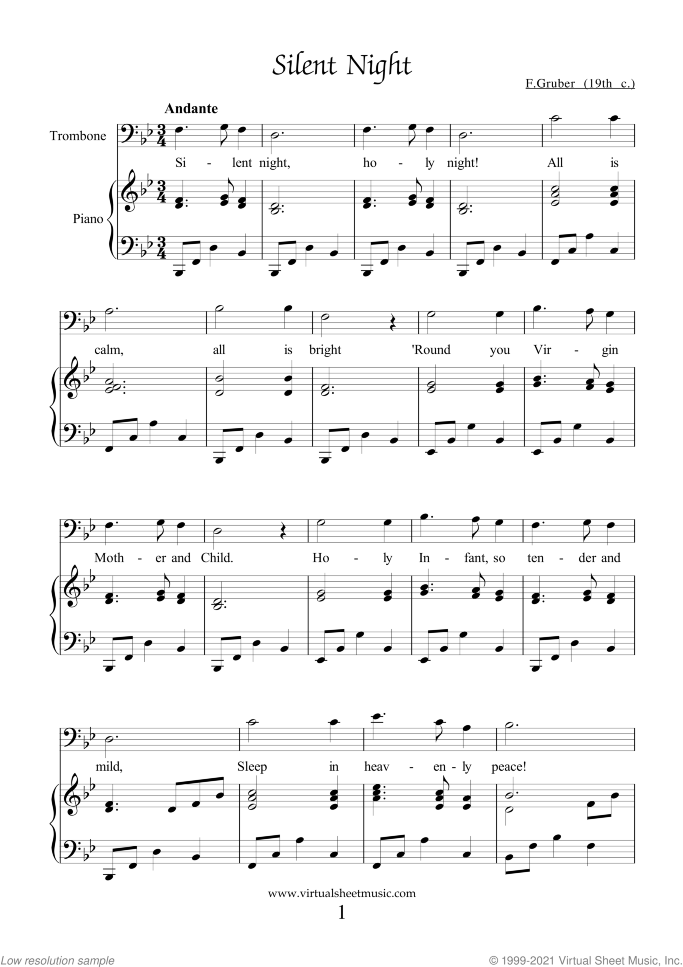 Silent Night sheet music for trombone and piano by Franz Gruber, easy skill level