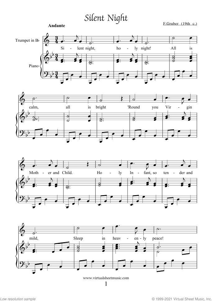 Silent Night sheet music for trumpet and piano by Franz Gruber, intermediate skill level