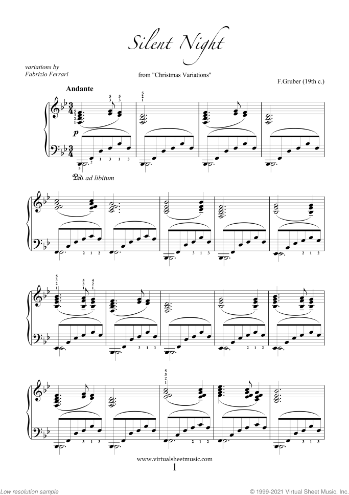 Advanced Silent Night sheet music for piano solo by Franz Gruber, advanced skill level