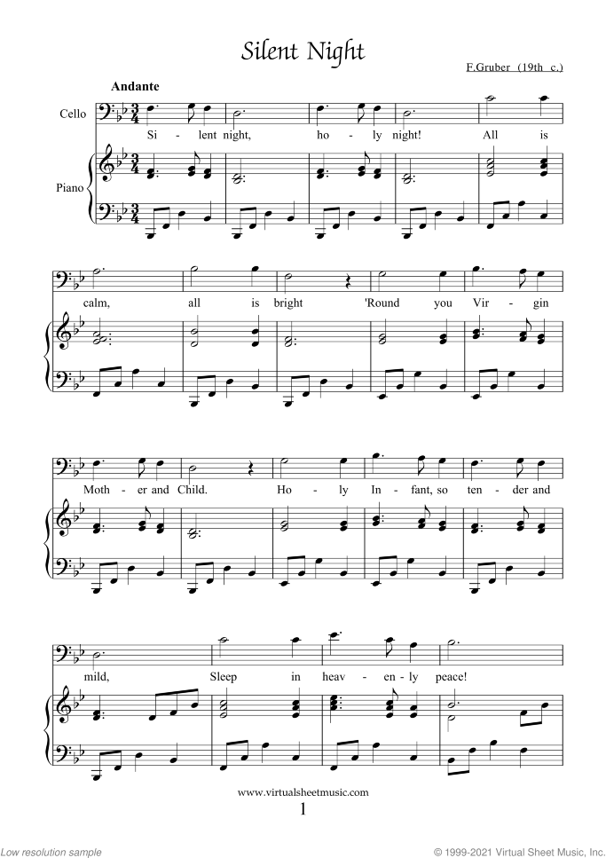 Silent Night sheet music for cello and piano by Franz Gruber, easy skill level