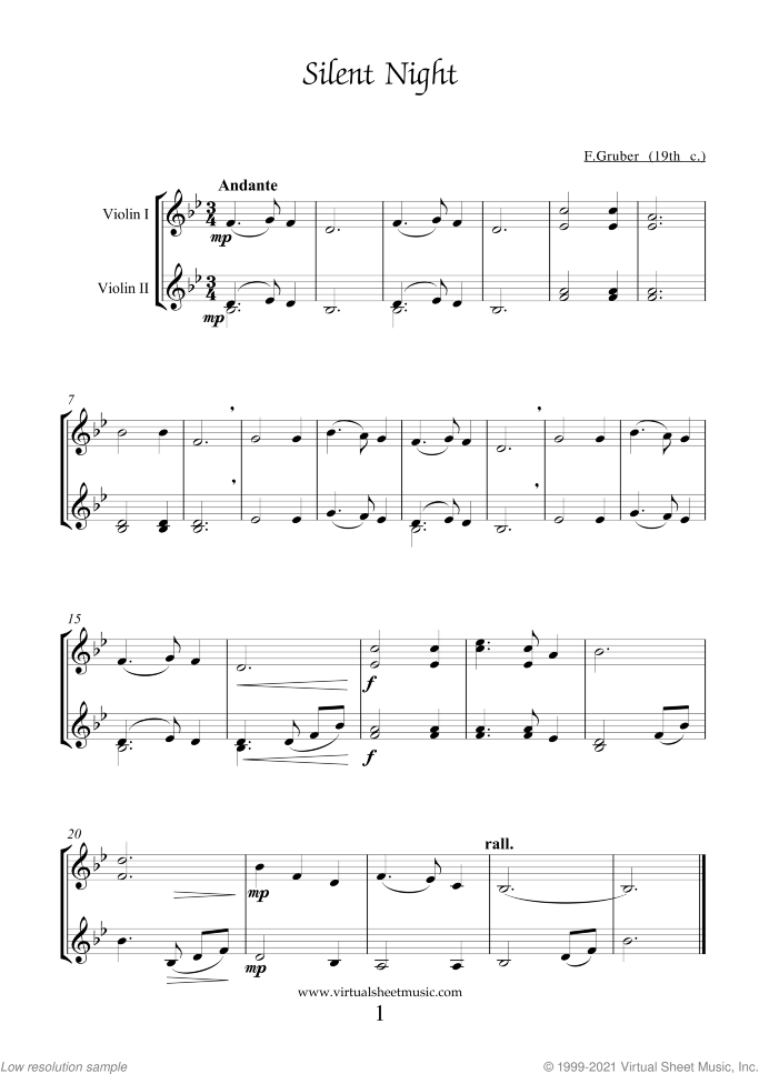 Silent Night sheet music for two violins by Franz Gruber, easy duet
