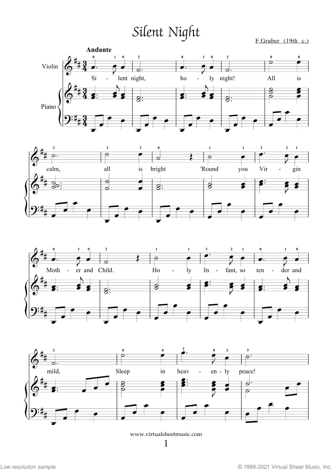 Silent Night sheet music for violin and piano by Franz Gruber, easy skill level