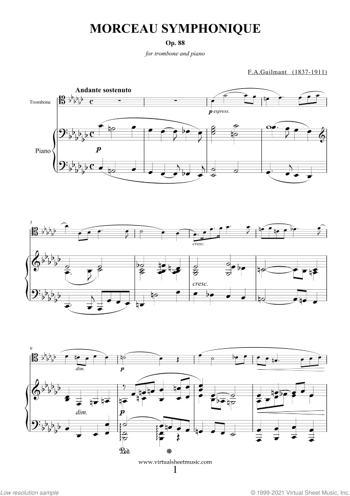 Morceau Symphonique Op.88 sheet music for trombone and piano by Alexandre Guilmant, classical score, intermediate/advanced skill level