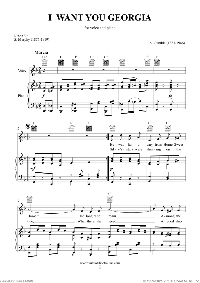 I Want You Georgia sheet music for piano, voice or other instruments by Albert Gumble, easy skill level