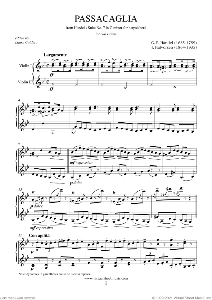 Passacaglia on a theme by G.F.Handel sheet music for two violins by Johan Halvorsen, classical score, intermediate/advanced duet