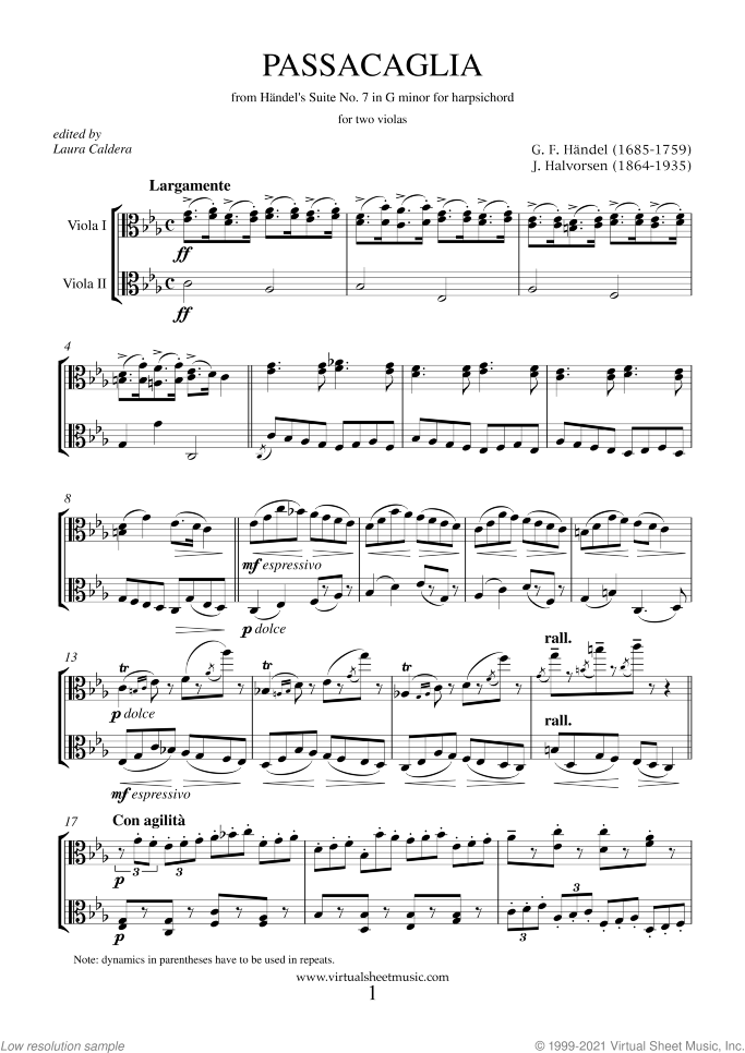 Passacaglia on a theme by G.F.Handel sheet music for two violas by Johan Halvorsen, classical score, intermediate/advanced duet