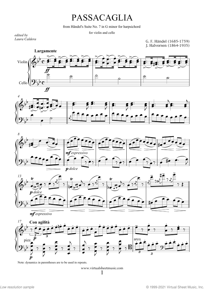 Passacaglia on a theme by G.F.Handel sheet music for violin and cello by Johan Halvorsen, classical score, intermediate/advanced duet