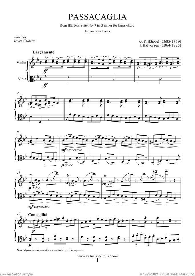 Passacaglia on a theme by G.F.Handel sheet music for violin and viola by Johan Halvorsen, classical score, intermediate/advanced duet