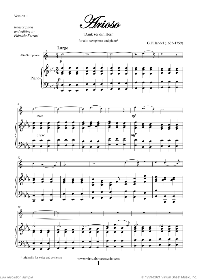 Arioso - Dank sei dir sheet music for alto saxophone and piano by George Frideric Handel, classical wedding score, easy skill level