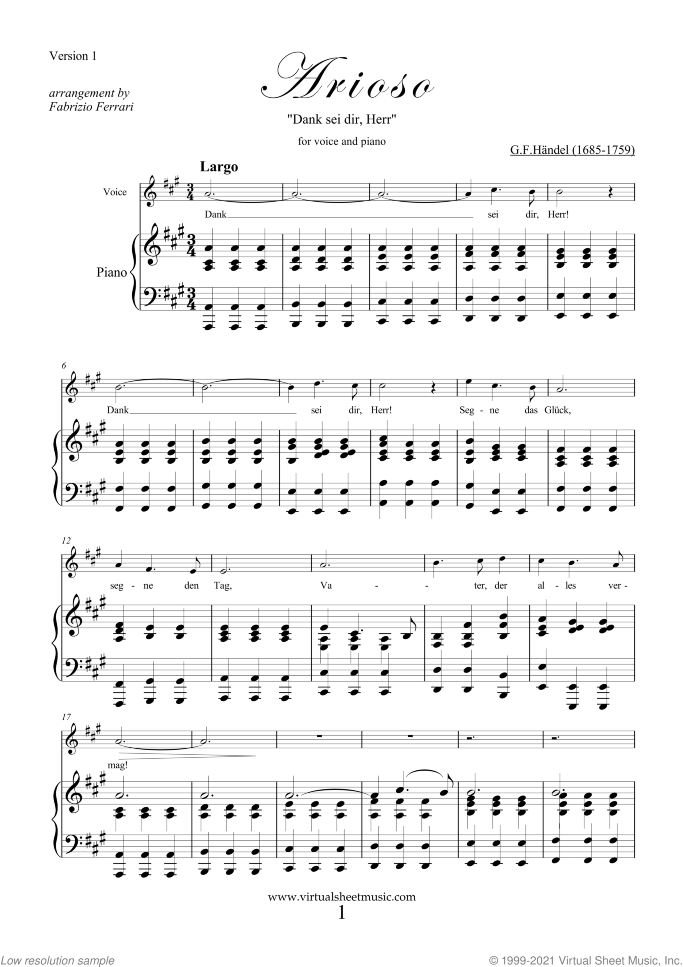Arioso - Dank sei dir sheet music for voice and piano by George Frideric Handel, classical wedding score, easy skill level