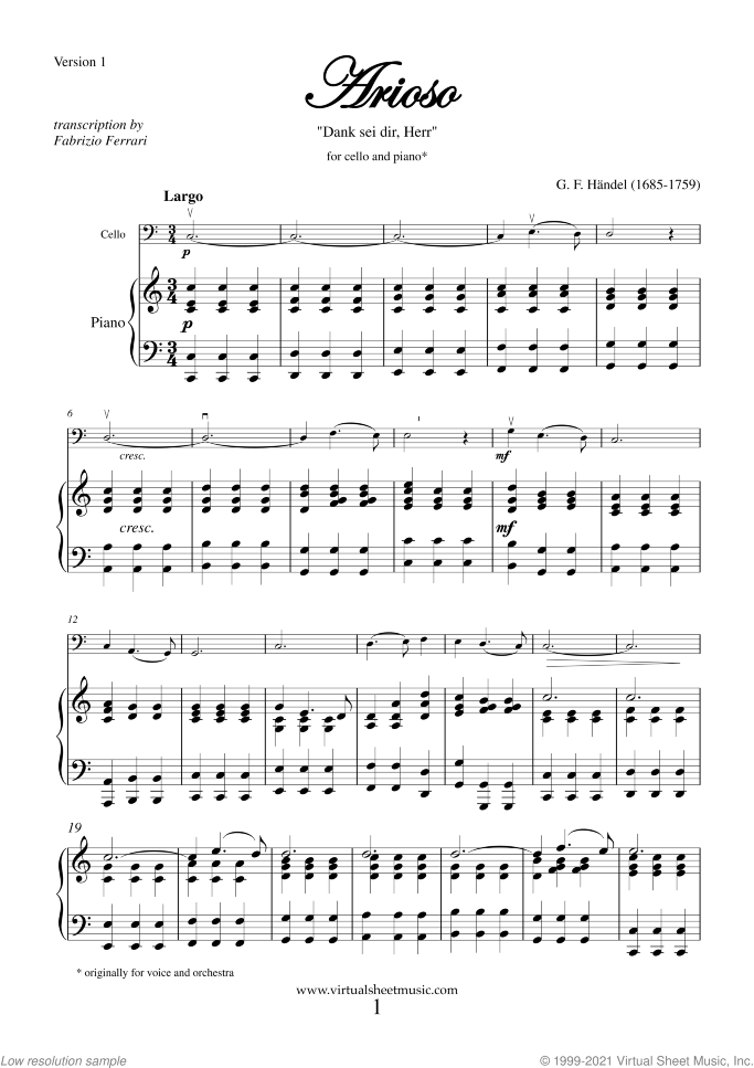 Arioso - Dank sei dir sheet music for cello and piano by George Frideric Handel, classical wedding score, easy skill level