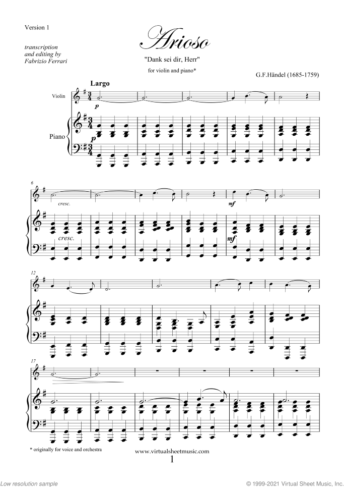Arioso - Dank sei dir sheet music for violin and piano by George Frideric Handel, classical wedding score, easy skill level