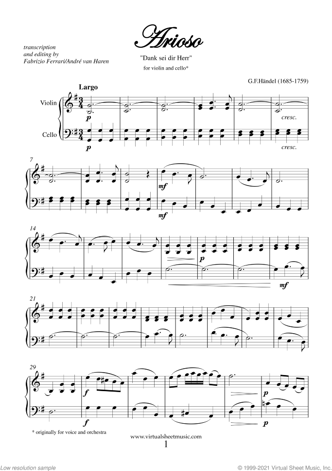 Arioso - Dank sei dir sheet music for violin and cello by George Frideric Handel, classical wedding score, intermediate duet