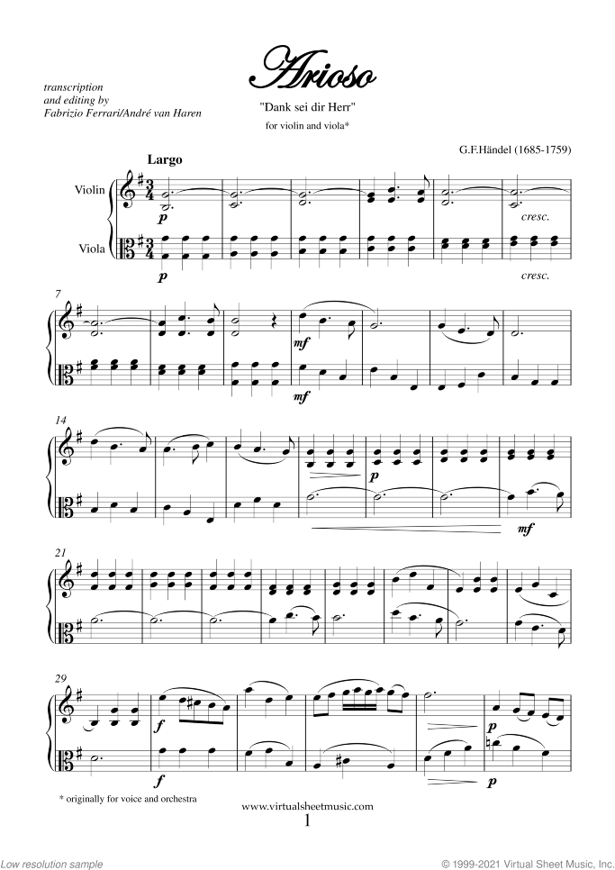 Arioso - Dank sei dir sheet music for violin and viola by George Frideric Handel, classical wedding score, intermediate duet