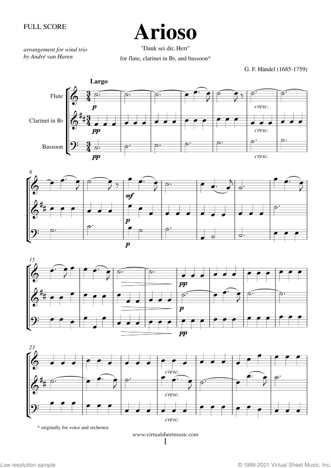 Arioso - Dank sei dir sheet music for wind trio by George Frideric Handel, classical wedding score, easy/intermediate skill level