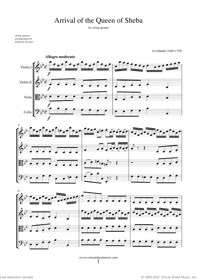 Arrival of the Queen of Sheba sheet music for string quartet by George Frideric Handel, classical wedding score, easy/intermediate skill level