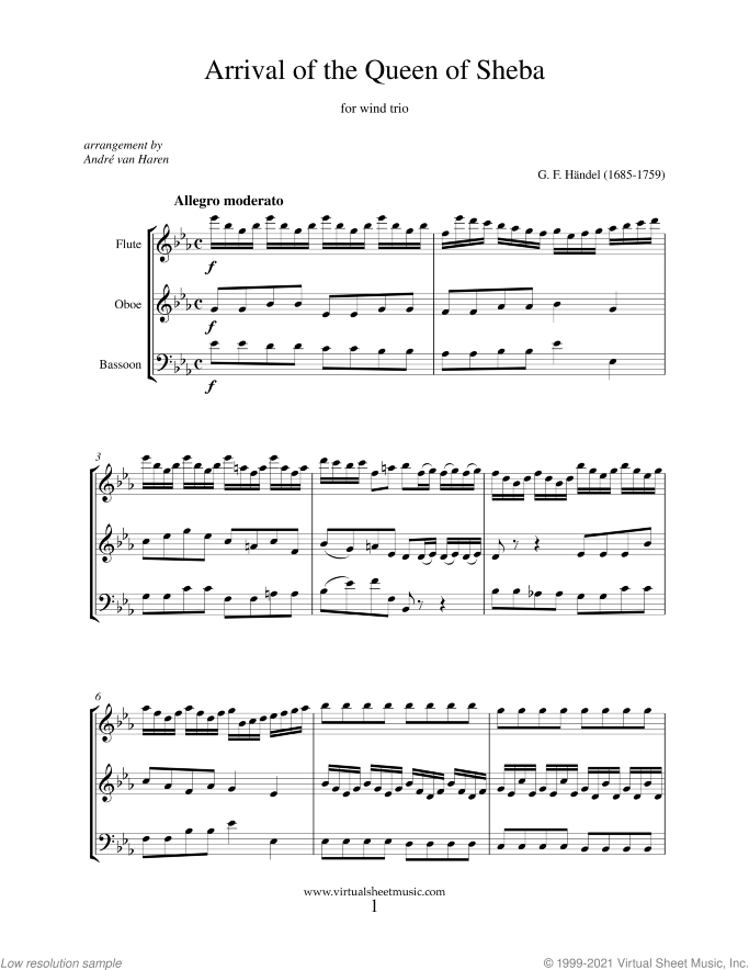 Arrival of the Queen of Sheba (f.score) sheet music for wind trio by George Frideric Handel, classical wedding score, easy/intermediate skill level