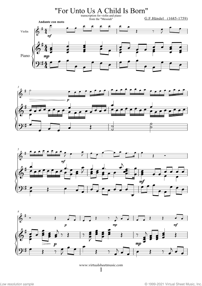 For Unto Us A Child Is Born sheet music for violin and piano by George Frideric Handel, classical score, intermediate skill level