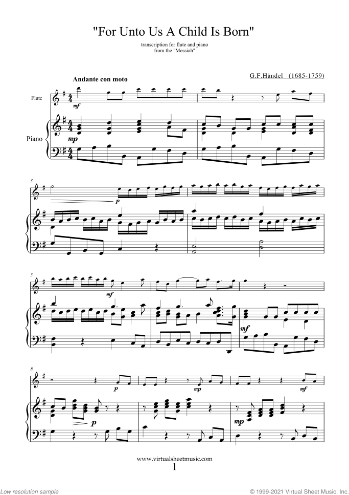 For Unto Us A Child Is Born sheet music for flute and piano by George Frideric Handel, classical score, intermediate skill level