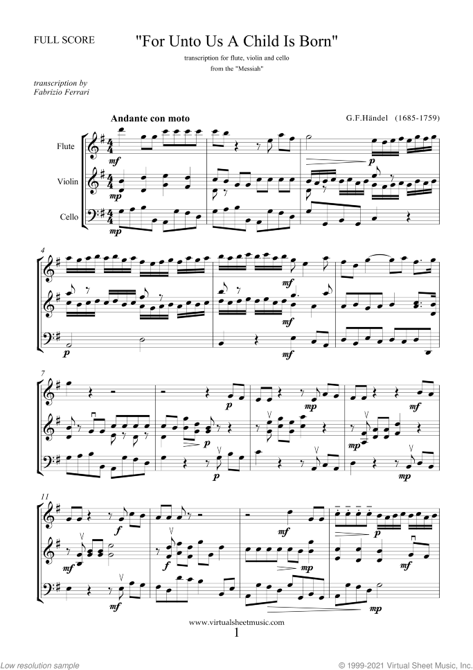 For Unto Us A Child Is Born sheet music for flute, violin and cello by George Frideric Handel, classical score, intermediate skill level