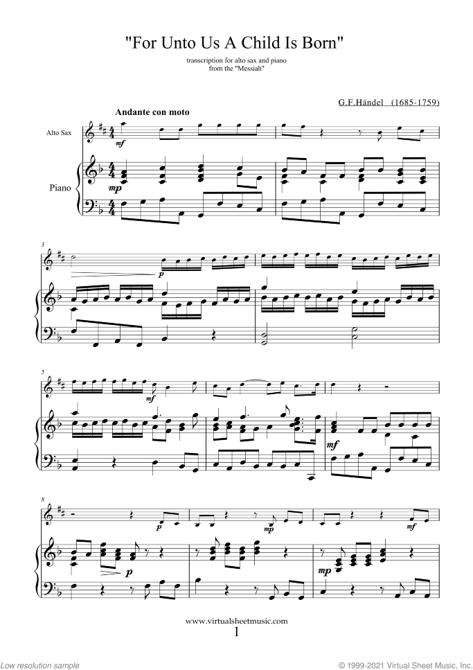 For Unto Us A Child Is Born sheet music for alto saxophone and piano by George Frideric Handel, classical score, intermediate skill level