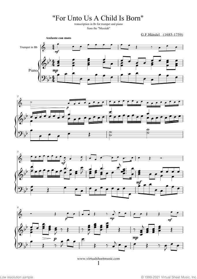 For Unto Us A Child Is Born sheet music for trumpet and piano by George Frideric Handel, classical score, intermediate skill level