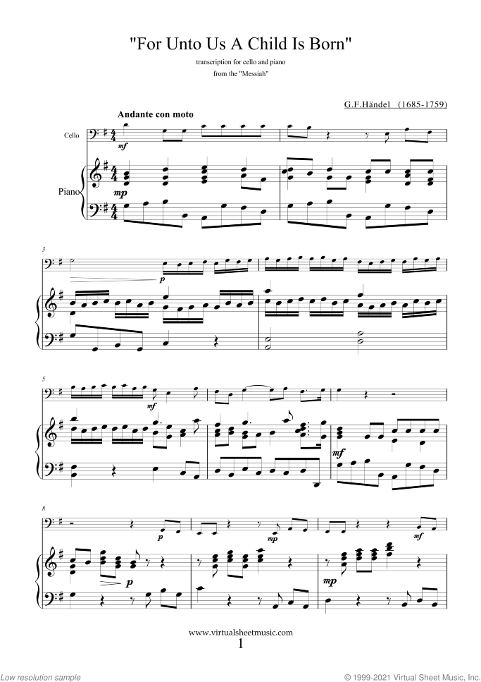 For Unto Us A Child Is Born sheet music for cello and piano by George Frideric Handel, classical score, intermediate skill level