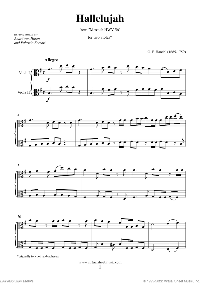Hallelujah Chorus from Messiah (NEW EDITION) sheet music for two violas by George Frideric Handel, classical score, intermediate/advanced duet