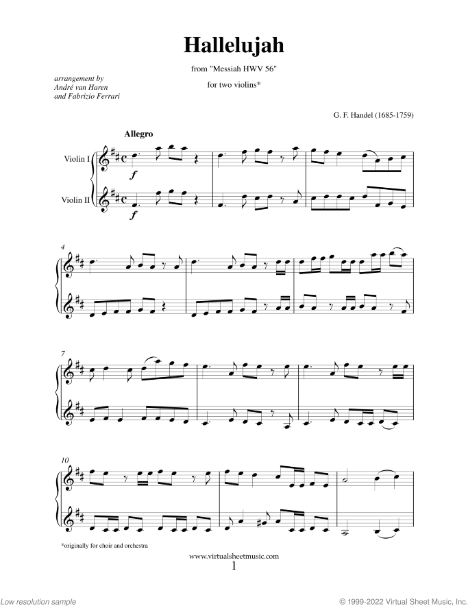 Hallelujah Chorus from Messiah (NEW EDITION) sheet music for two violins by George Frideric Handel, classical score, intermediate/advanced duet