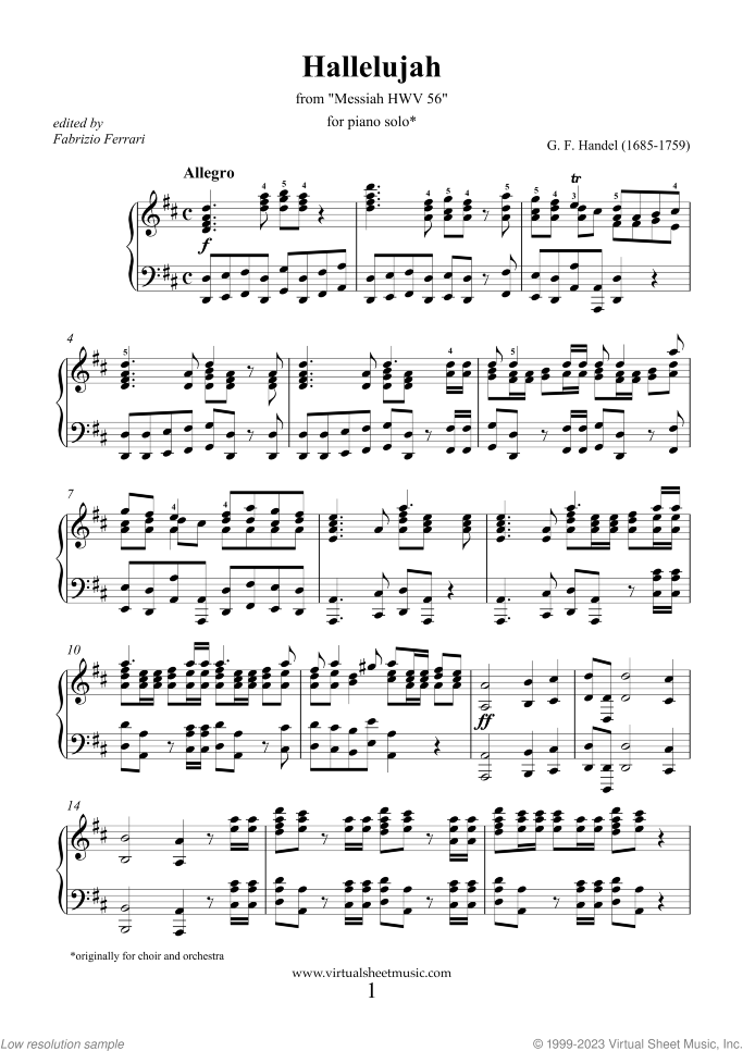 Hallelujah Chorus from Messiah sheet music for piano solo by George Frideric Handel, classical score, intermediate/advanced skill level