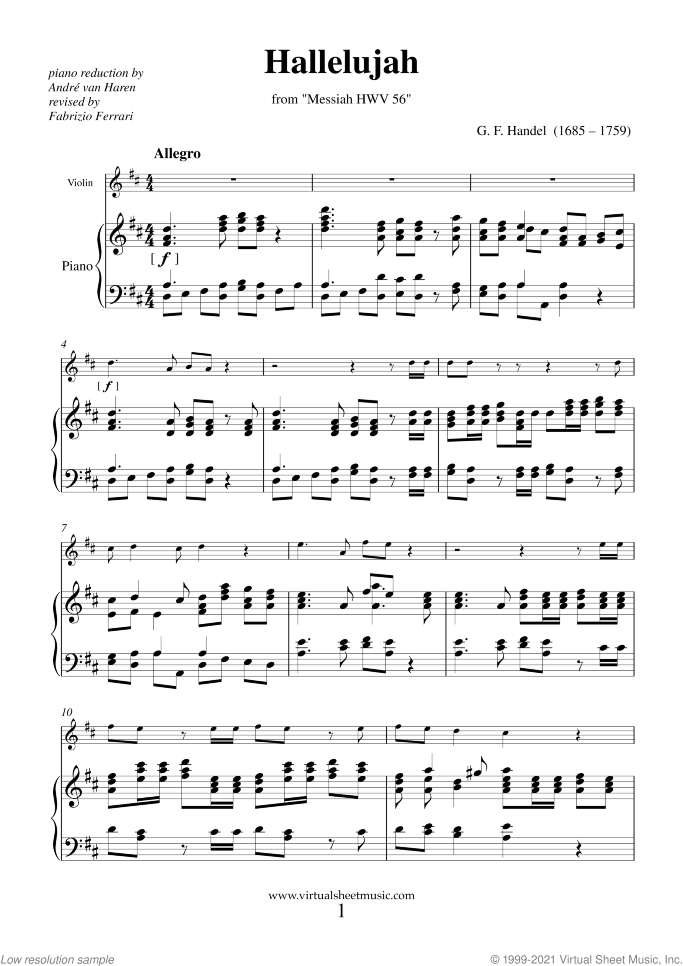 Hallelujah Chorus from Messiah sheet music for violin and piano by George Frideric Handel, classical score, intermediate/advanced skill level
