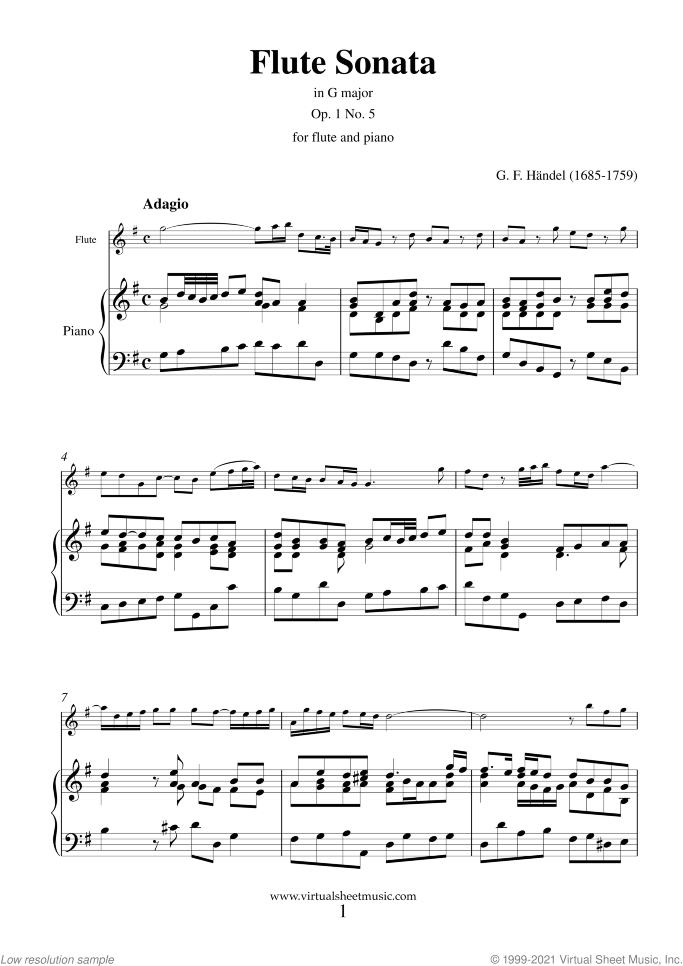 Sonata Op.1 No.5 HWV 363b sheet music for flute and piano by George Frideric Handel, classical score, intermediate skill level