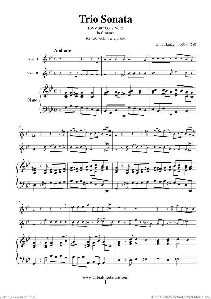 Trio Sonata Op. 2 No. 2 sheet music for two violins and piano by George Frideric Handel, classical score, intermediate duet