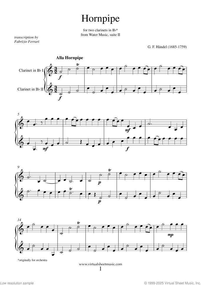 Hornpipe from Water Music sheet music for two clarinets by George Frideric Handel, classical wedding score, easy+ duet