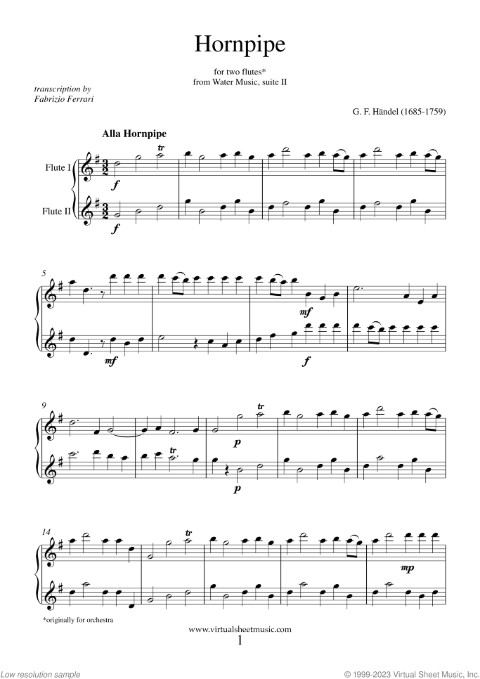 Hornpipe from Water Music sheet music for two flutes by George Frideric Handel, classical wedding score, easy/intermediate duet