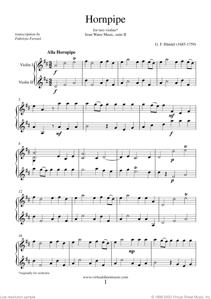 Hornpipe from Water Music sheet music for two violins by George Frideric Handel, classical wedding score, easy/intermediate duet