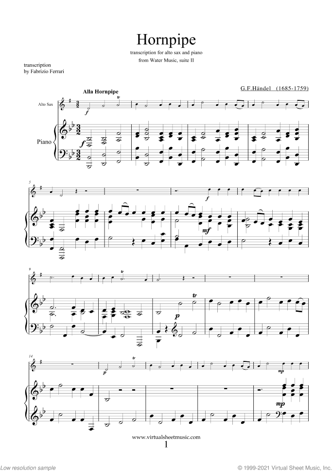 Hornpipe from Water Music sheet music for alto saxophone and piano by George Frideric Handel, classical wedding score, easy/intermediate skill level
