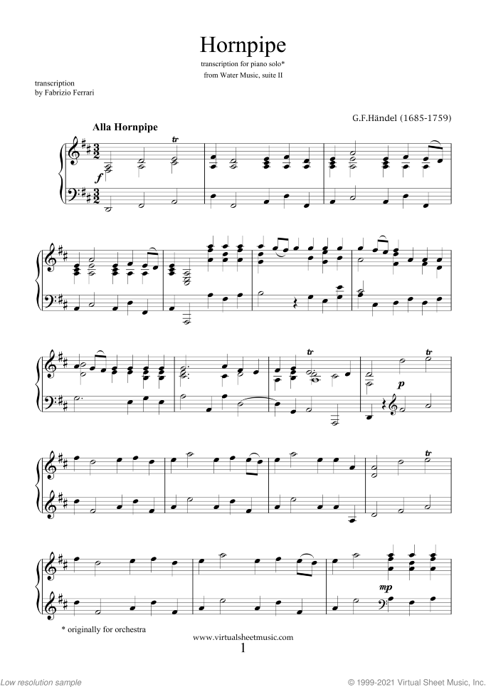 Hornpipe from Water Music sheet music for piano solo by George Frideric Handel, classical wedding score, easy/intermediate skill level
