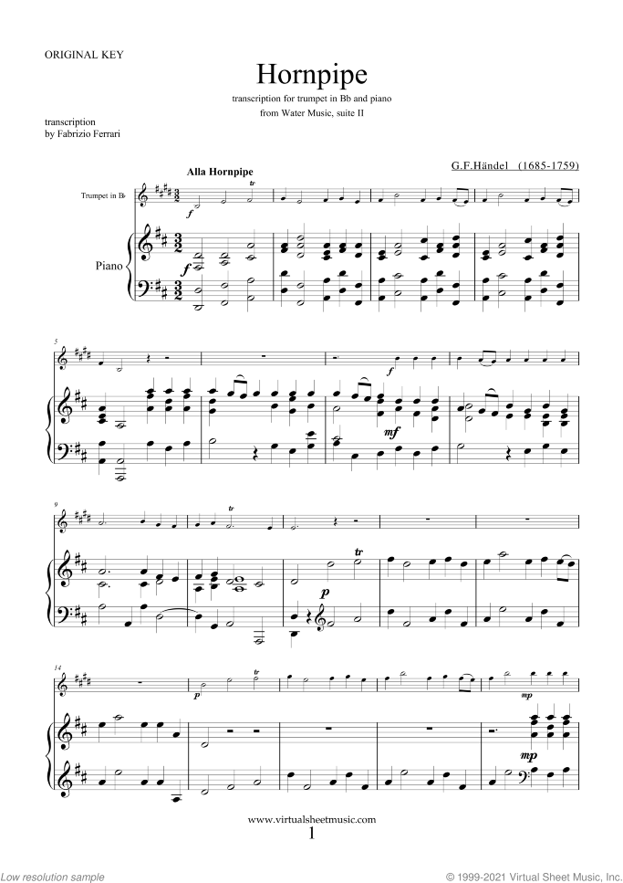 Hornpipe from Water Music in D sheet music for trumpet and piano by George Frideric Handel, classical wedding score, intermediate skill level