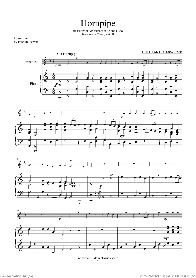 Hornpipe from Water Music in C sheet music for trumpet and piano by George Frideric Handel, classical wedding score, easy/intermediate skill level