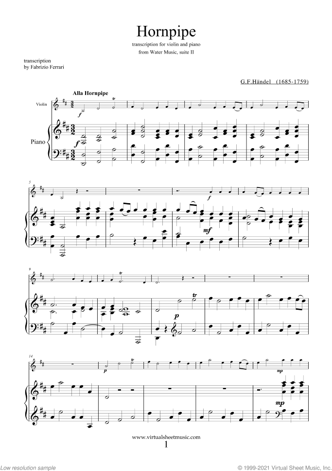 Hornpipe from Water Music sheet music for violin and piano by George Frideric Handel, classical wedding score, easy/intermediate skill level