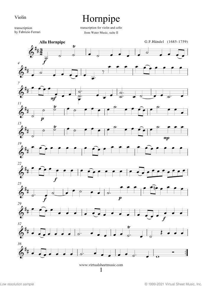 Hornpipe from Water Music sheet music for violin and cello by George Frideric Handel, classical wedding score, easy/intermediate duet