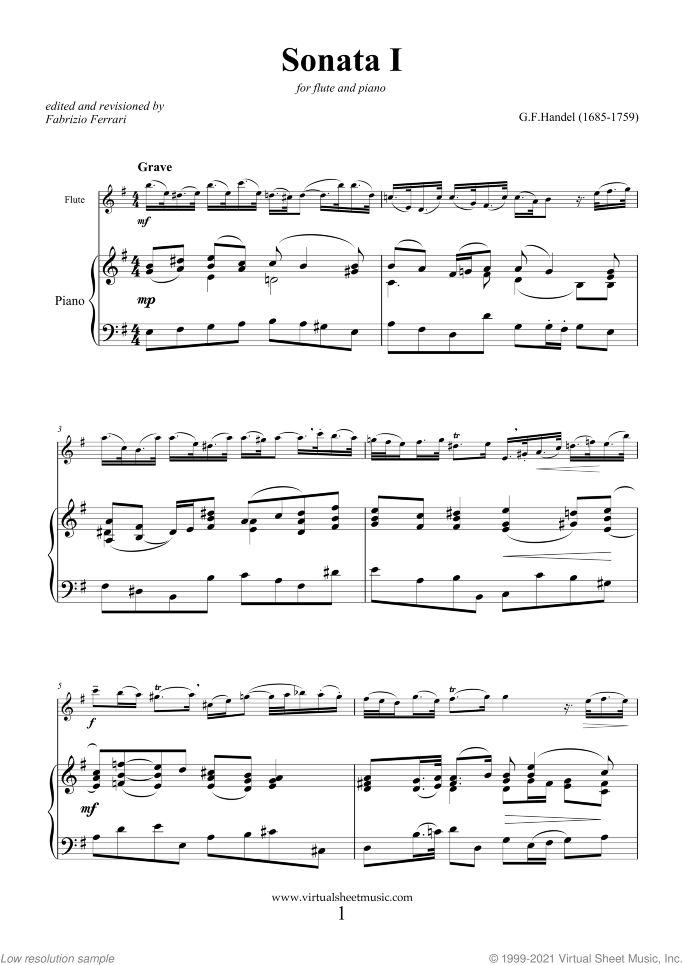 Sonata Op.1 No.1 HWV 379 sheet music for flute and piano by George Frideric Handel, classical score, easy skill level