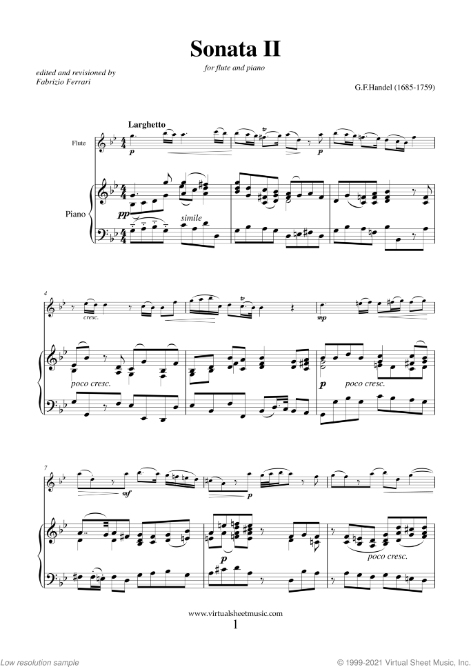 Sonata Op.1 No.2 HWV 360 sheet music for flute and piano by George Frideric Handel, classical score, easy skill level