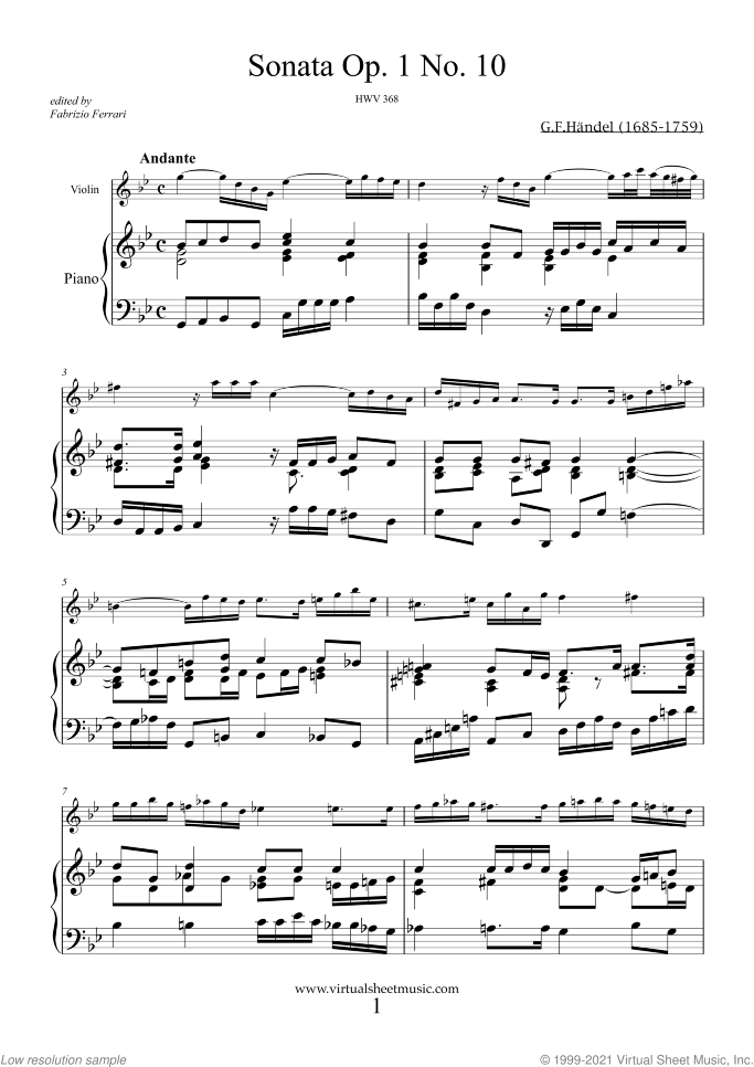 Sonata Op.1 No.10 sheet music for violin and piano by George Frideric Handel, classical score, intermediate skill level
