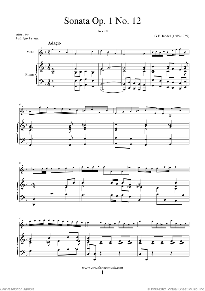 Sonata Op.1 No.12 sheet music for violin and piano by George Frideric Handel, classical score, intermediate skill level